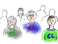 gezeichnete Darstellung junger Menschen, einige mit Pullovern mit Aufschrift CL für Careleaver