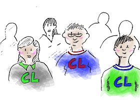 gezeichnete Darstellung junger Menschen, einige mit Pullovern mit Aufschrift CL für Careleaver