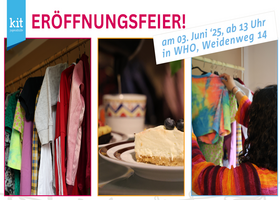 Einladungskarte Umsonstladen mit Fotos von Kleidern im Laden und einem Foto mit Kaffe und Kuchen 