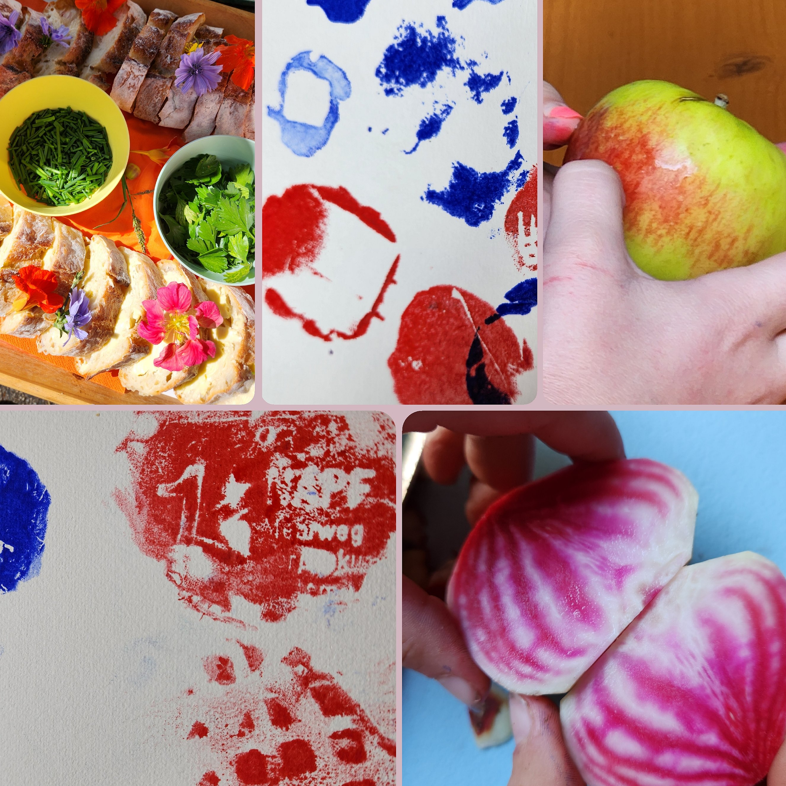 Collage aus Fotos, Kinderhände beim Apfeldruck