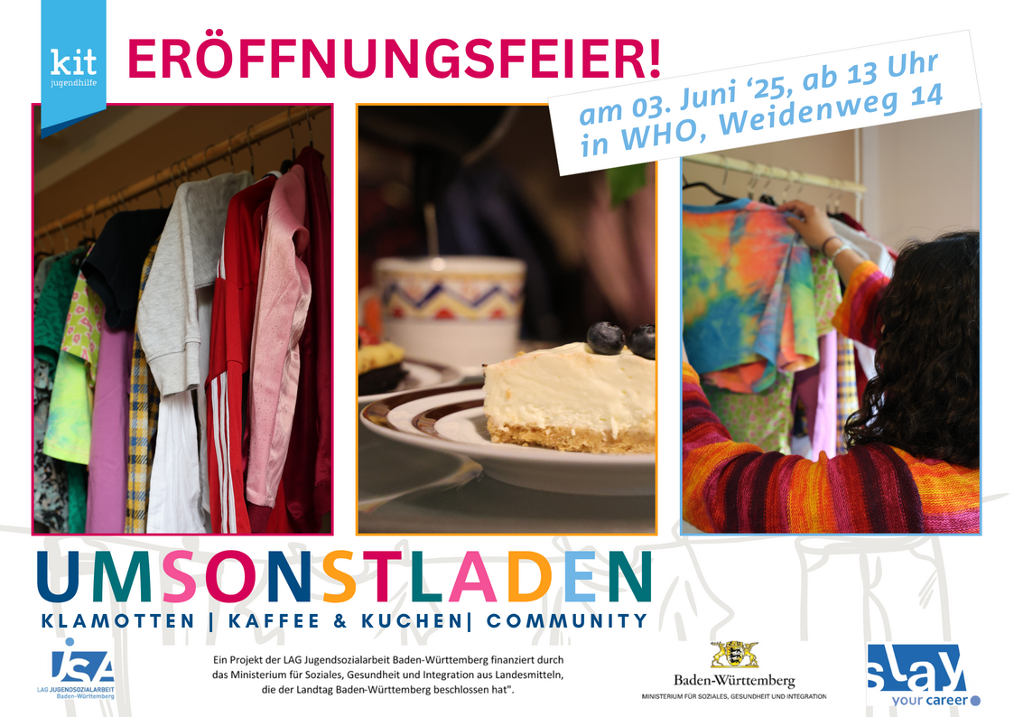 Einladungskarte Umsonstladen mit Fotos von Kleidern im Laden und einem Foto mit Kaffe und Kuchen